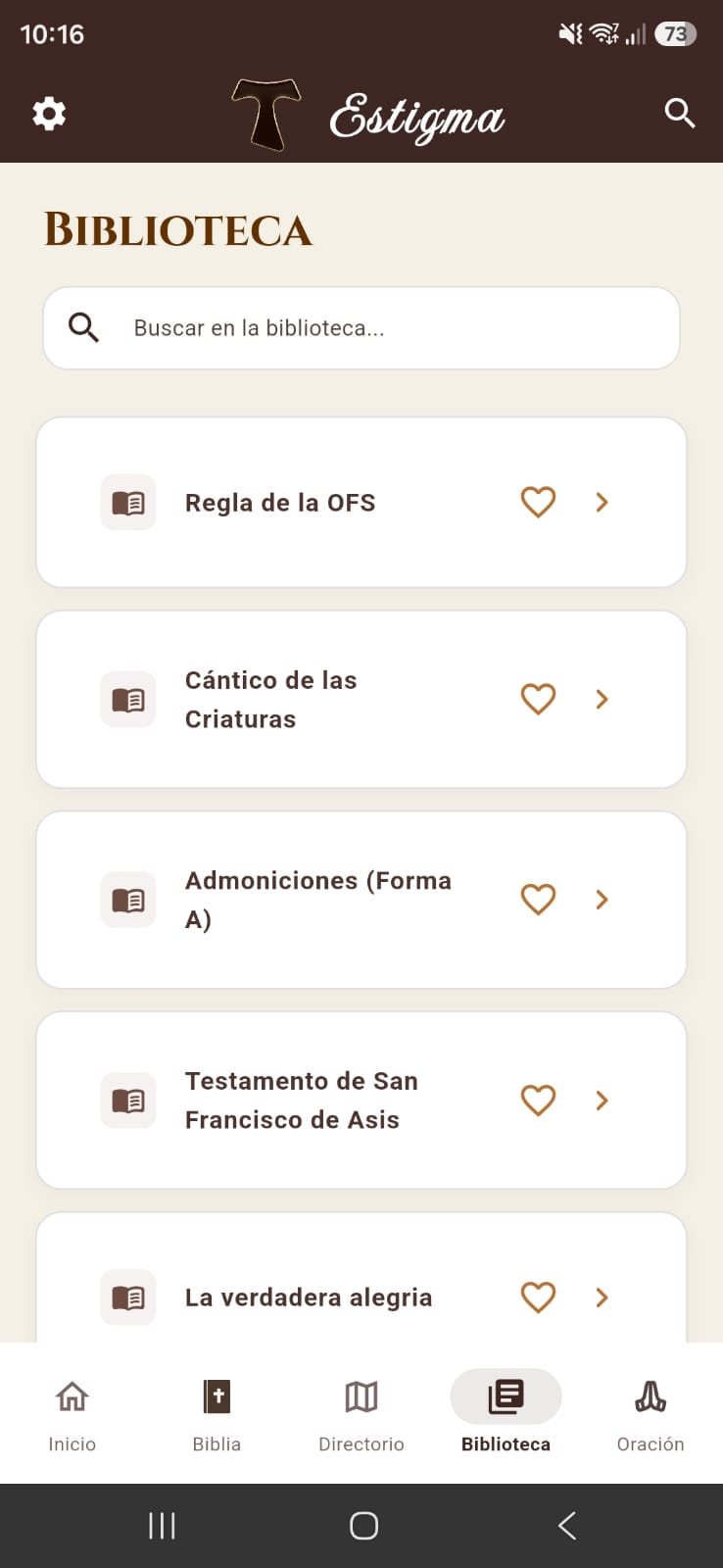 Pantalla de Biblioteca de Estigma en modo claro