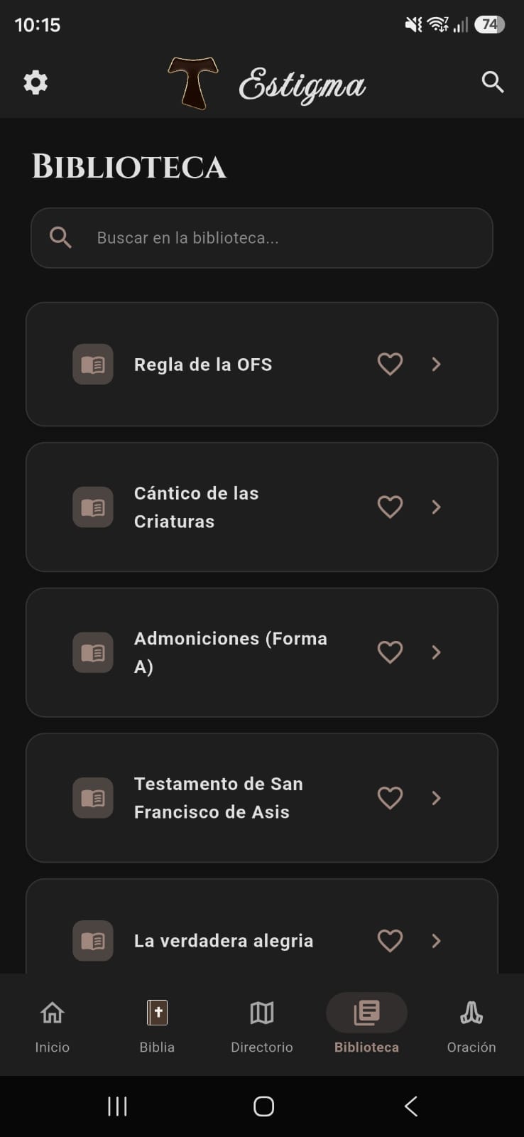 Pantalla de Biblioteca de Estigma en modo oscuro
